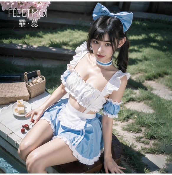 FEE ET MOI - Ruched Sweetheart Maid Outfit With Stockings (Blue - White)